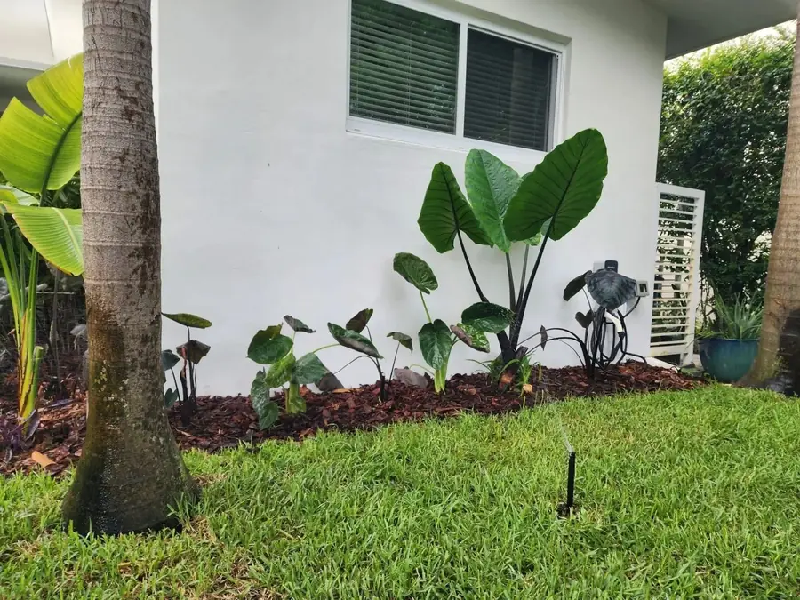 Planted bed, sprinkler and fresh lawn along a white building